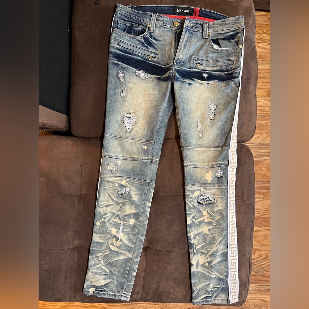 Makobi Blue Jeans Gold White Trim Size 34